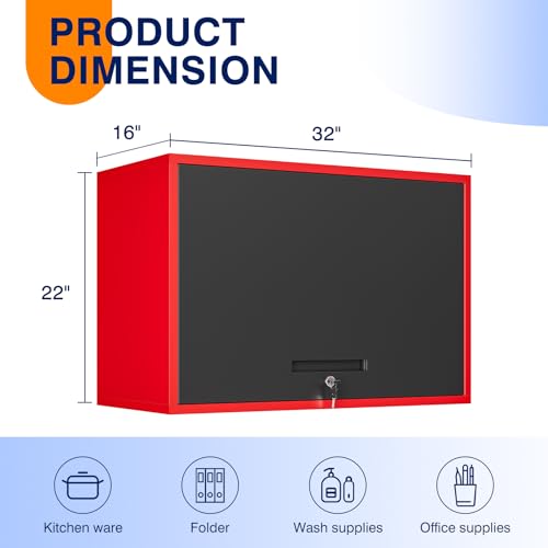 Metal Garage Wall Cabinet with Doors and Shelves (16"D x 32"W x 22"H / Red Black)