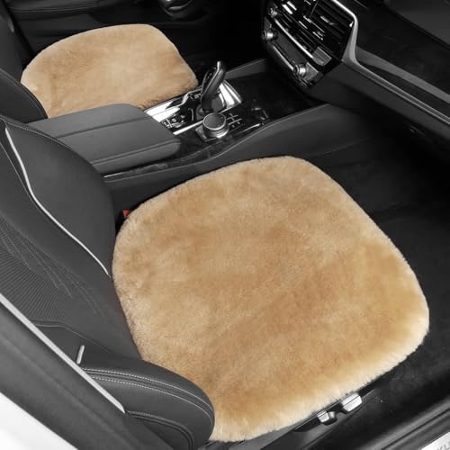 Genuine Sheepskin Car Seat Cushion Seat Covers for Cars Trucks SUV Comfort Seat Protector Pad for Car Driver Seat Car Accessories for Women Office Chair Car Decor (Khaki / Front Seat Cushion-1 Pc)