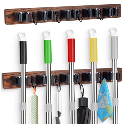 2 PACK Broom Holder Wall Mount With 5 Slots & 4 Hooks (2 Pack Brown)