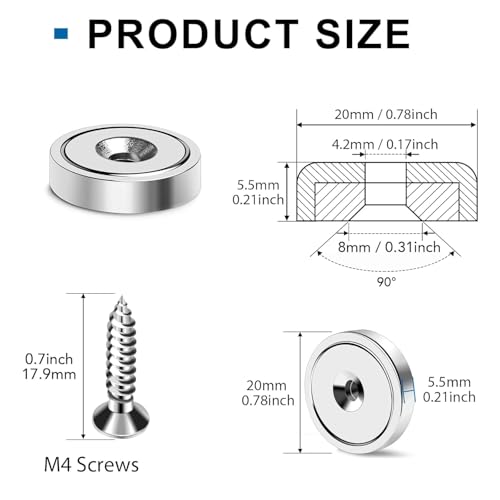 Strong Magnets Heavy Duty Screw On Neodymium 40LBS Magnet 6 Pack (Silver / 0.78in)