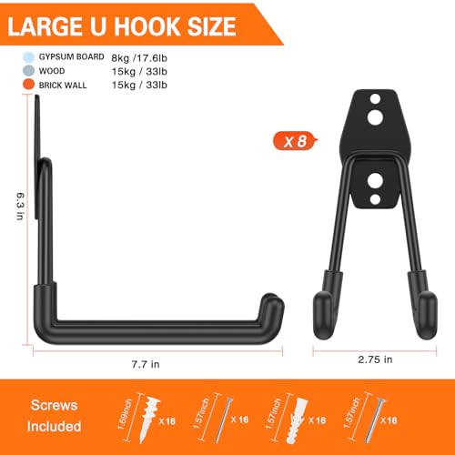Garage Hooks Heavy Duty (7.7inch U Hook / Black 8Pack)