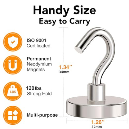 Magnetic Hooks Heavy Duty 120LB+ Strong Magnet with Hook (Silver / 8Pack-110LB)