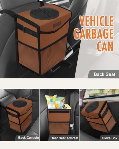 Car Trash Can with Lid Leakproof Car Garbage Bag Vehicle Trash Bin (2 Gallons / Brown)