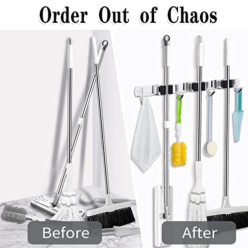 Broom Holder Wall Mount (3 Racks & 4 Hooks (Silver) - 1 Pack)