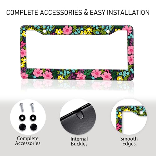 Pink Wildflowers License Plate Frame for Women Cute Colorful Flowers License Plate Holder Frame Girly Floral Car tag Frame Metal Aluminum Rustproof Decorative Car Accesories with Screws (Pink flowers)