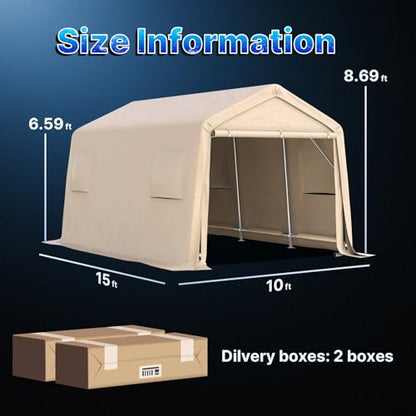 10X15 ft Garage Shelter Steel Metal Peak Roof Portable Storage Shed Carports for Motorcycle Boat (Beige / 10'x15')