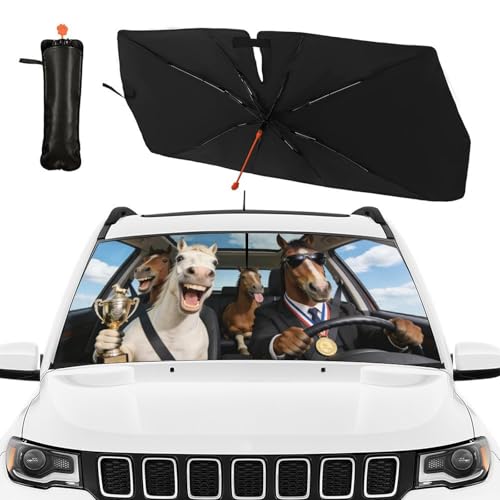 Horse Car Windshield Sun Shade Umbrella Bendable Handle Foldable Funny Horse Animal Driving Sunshade for Car Windshield Block UV Rays Keep Vehicle Cool for Most Sedans SUV Trucks 57"x30" (147*75cm,33*11cm / Funny Horses)