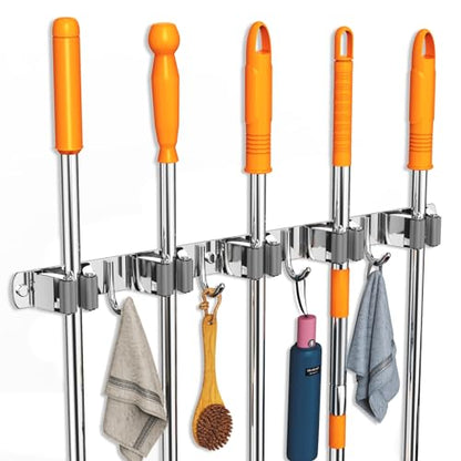 Broom and Mop Organizer Wall Hanging for Laundry Room Organization (Silver / 5 Racks with 4 Hooks)