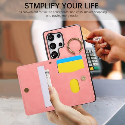 Compatible with Samsung Galaxy S25 Ultra 5G Wallet Case and Screen Protector Crossbody Shoulder Strap Ring Buckle Stand Card Holder Cell Phone Cover for S25Ultra 25S S 25 25Ultra 2025 Women Men Pink (Rose Gold / for S25 Ultra)