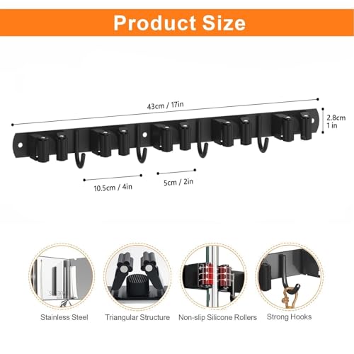 Mop and Broom Holder Wall Mount for Kitchen Garden Laundry Garage (Black / 5 Racks with 4 Hooks)
