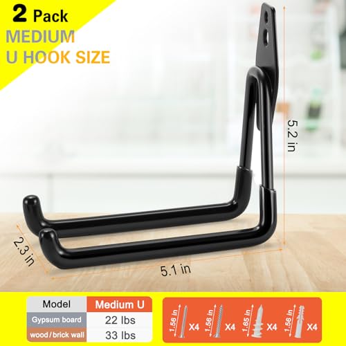 2 Pack Garage Hooks Heavy Duty Storage Organizer Wall Mount Power and Garden Tool Hangers (Medium U Hook / Black 2 pack)