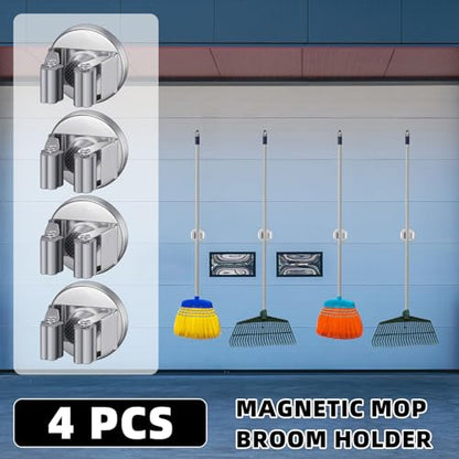 4 Pcs Magnetic Broom Holder Wall Mounted Anti Slip Rack (Silver)
