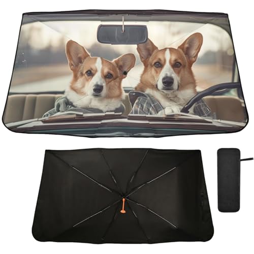 Windshield Sun Shade Umbrella Cute Corgi Dog Driving Car Foldable Car Front Window Sunshade Blocks UV Rays Heat Keep Vehicle Cool 55"x27.5" (multi 27)