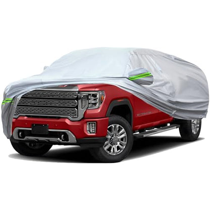 6 Layers Heavy Outdoor Pickup Full Car Cover Hard Shell Zipper Design Waterproof All Weather Weatherproof UV Sun Protection Snow Dust Storm Resistant with Straps (Green reflective strip / Pickup-XL( Fit for Pickup 230"- 260" ))