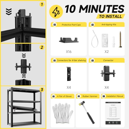 4 Tier 40" W x 20" D x 60" H Garage Shelving Garage Storage Shelves 2200LBS Metal Industrial Shelf Adjustable Heavy Duty Shelving Storage Rack Shelving Unit (Black-hidden Hole / 40"W x 20"D x 60"H)