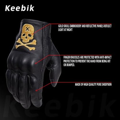 Goatskin Leather Motorcycle Motorbike Powersports Racing Gloves Reflective Skull Touchscreen for Men and Women Model (HEE4 / Small)