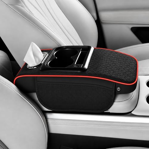 Car Center Console Armrest Cushion with USB& Type (Black-Red Line)