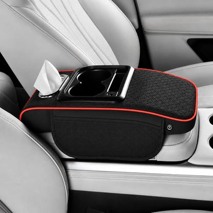 Car Center Console Armrest Cushion with USB& Type (Black-Red Line)