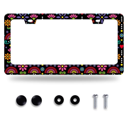 Folk Flowers License Plate Frame Stainless Steel Accessory 12.3x6.3 Inch (Folk Flower Vintage Floral)