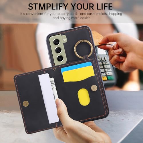 Compatible with Samsung Galaxy S21 FE 5G Wallet Case Screen Protector Crossbody Shoulder Strap Ring Buckle Stand Card Holder Phone Cover for S 21 EF S21FE5G UW S21FE 21S G5 6.4 inch Women Men Black (Black / for S21 FE)