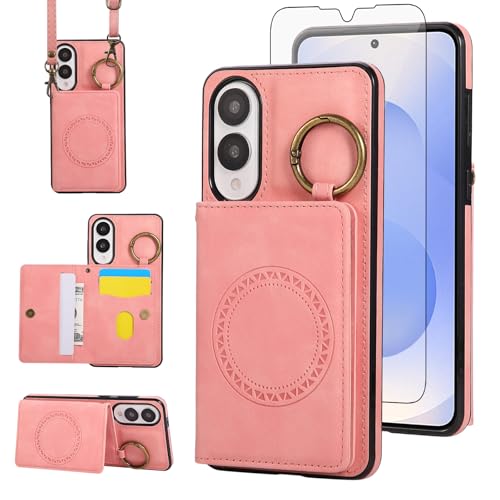 Compatible with Samsung Galaxy S25 Edge Wallet Case Screen Protector Crossbody Shoulder Strap Ring Buckle Stand Card Holder Magnetic Car Mount Phone Cover for S25Edge 25S S 25 25Edge Women Men Pink (Rose Gold / for S25 edge)