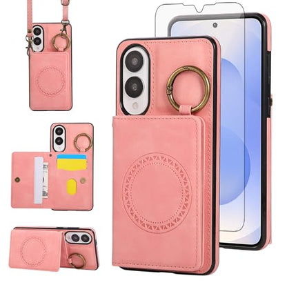 Compatible with Samsung Galaxy S25 Edge Wallet Case Screen Protector Crossbody Shoulder Strap Ring Buckle Stand Card Holder Magnetic Car Mount Phone Cover for S25Edge 25S S 25 25Edge Women Men Pink (Rose Gold / for S25 edge)