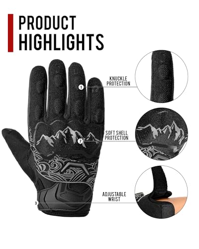 Motorcycle Gloves Motorbike Glove for Men Women Full Finger Knuckle Protection Touch Screen Cycling ATV Hiking Riding (Large / mountain-Black)