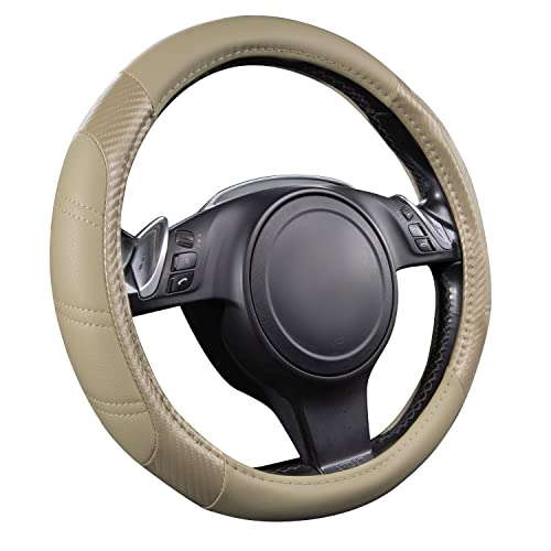 Line Rider Microfiber Leather Sporty Steering Wheel Cover Universal Fits for 95% Truck (Beige＆Carbon Fiber / Standard[14.5"-15"])