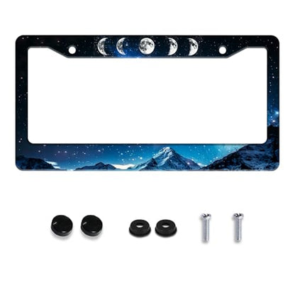 Moon Phase Mountains License Plate Frame Stainless Steel 2Holes with Screws (Moon Phase Mountains)