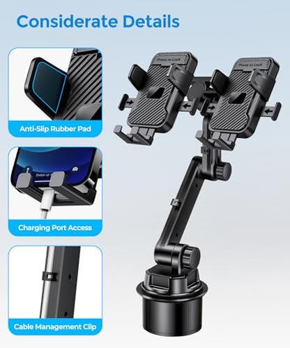 Dual Cup Holder Phone Mount for Car (Double Clamp)
