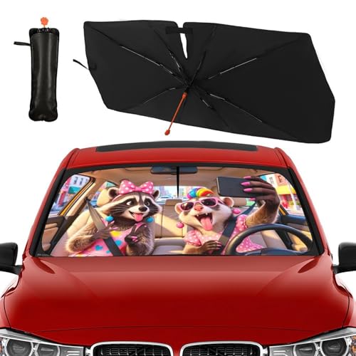 Raccoon Car Windshield Sun Shade Umbrella Bendable Handle Foldable Funny Women Gifts Raccoon Sunshade for Car Windshield Block UV Rays Keep Vehicle Cool for Most Sedans SUV Trucks Cars 57"x30" (147*75cm,33*11cm / Funny Raccoon 02)