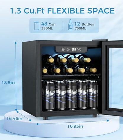 48 Can Beverage Refrigerator Mini Fridge Cooler Glass Door for Beer Soda or Wine (Black)