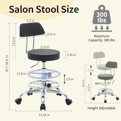Rolling Stool with Back (Black / With Back & Footrest)