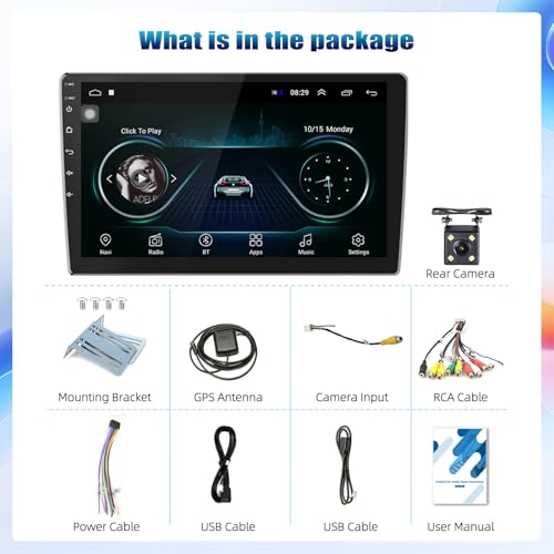 Double Din Car Stereo Radio Receiver (10.1 Inch Android Radio+License Plate Camera)