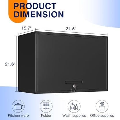 Metal Garage Wall Cabinet with Doors and Shelves (16"D x 32"W x 22"H / Black)