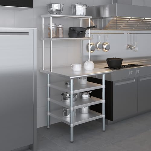 30" x 30" Stainless Steel Work Table with 3 Shelves and 12" Wide Double Tier Overshelf (30" x 30" Table with 3 Shelves + 12" Overshelf)