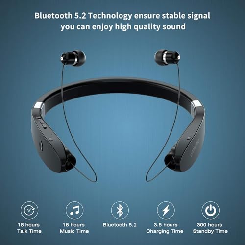 Foldable Bluetooth Headphones Wireless Neckband Headset with Retractable Earbuds (Black)