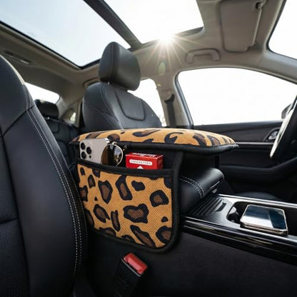 Animal Print Car Center Console Armrest Cover with 2 Side Pockets (Leopard Print)