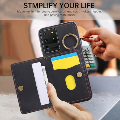 Compatible with Samsung Galaxy S20 Ultra 5G Wallet Case Screen Protector Crossbody Shoulder Strap Ring Buckle Stand Card Holder Magnetic Car Mount Phone Cover for S20ultra 20ultra G5 Women Men Black (Black / for S20 Ultra)