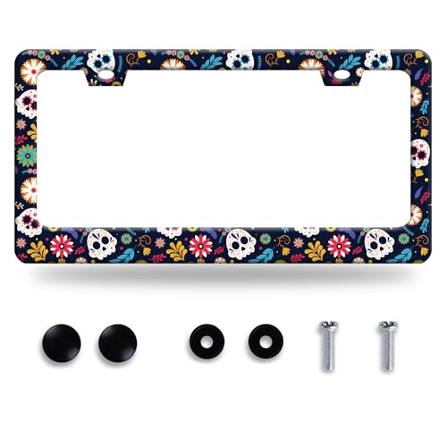 Sugar Skull Flowers Stainless Steel License Plate Frame for US Cars Decor (Sugar skull)