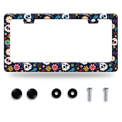 Sugar Skull Flowers Stainless Steel License Plate Frame for US Cars Decor (Sugar skull)