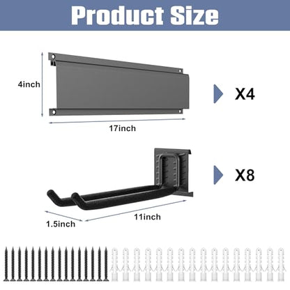 Wall Mounted Garden Tool Rack Garage (17 inch railx4 / Black)