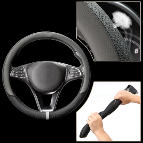 Breathable Car Steering Wheel Cover 15 inch Auto Universal Leather Wrap Non (A-Grey / M (14.5"-15"))