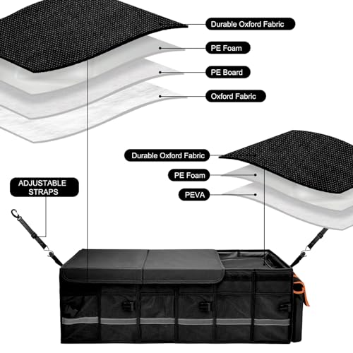 Car Trunk Organizer and Storage with Lid & Removable Leakproof Cooler Bag (Black / Large)