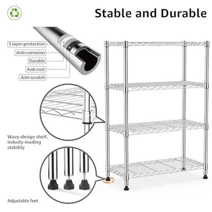 1000 lbs Storage Shelving Steel Heavy Duty 4 (4 Tier 13.7" D x 29.5" W x 47.2" H / Chrome)