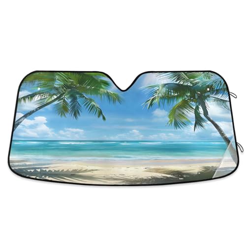 Car Windshield Sun Shade Beach with Palm Trees Blue Sky02 Foldable Car Front Windshield Sunshade Blocks UV Rays Sun Visor Sun Heat Protection for Car Truck SUV to Keep Your Vehicle Cool (Medium / Beach with Palm Trees)