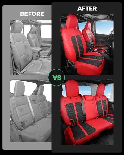 for Jeep Wrangler Leather Custom Car Seat Covers Full Set 4 Door (Red & Black / JL 18-26 4Door Without Rear Cup Holder)