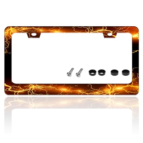 Yellow Red Thunder Lightning License Plate Frame Stainless Steel 6 X 12 in (Yellow Red Thunder And Lightning)