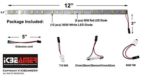 12" Red to White 18 SMDs 2835 LED Strip Light Universal Fit Car Trunk Cargo Area or Interior Illumination (Red-White Color Changing)