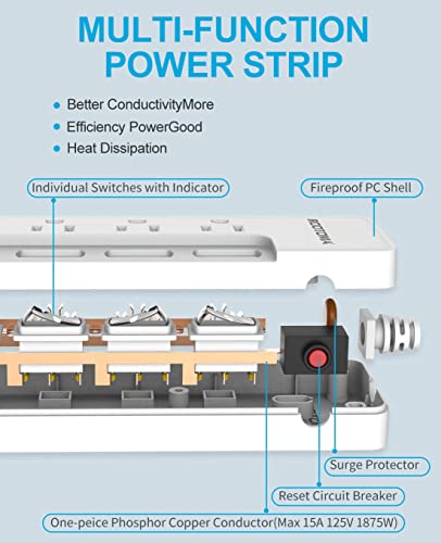 10FT Heavy Duty Extension Cord with Individual Switches on Off (10 FT - 6 AC - White)